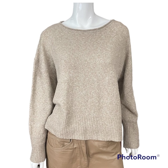JOHN + JENN Boxy Ballon Sleeve Heather Beige Cream Cropped Sweater M - Picture 3 of 4